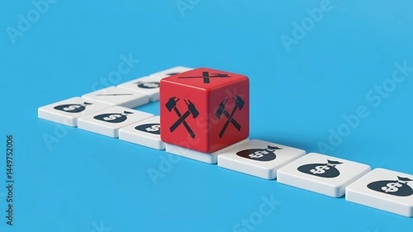 Fototapeta Labor Dispute Impacting Wealth Management And Financial Growth Investment Obstacles Red Cube Disruption Between Dollar Symbols Business Risks And Economic Challenge