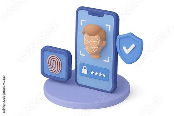 Obraz 3D isometric facial recognition authentication system, isolated on a transparent background