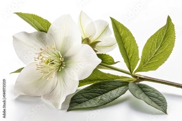 Fototapeta White Flower With Green Leaves on a Clean Background Generative AI