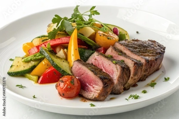Fototapeta Sliced Grilled Meat With Colorful Mixed Vegetables on a Plate Generative AI