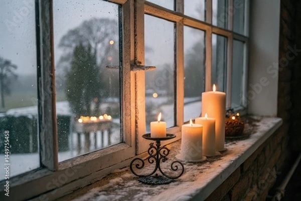 Fototapeta Warm Glow From Candles on a Window Sill in Winter Generative AI