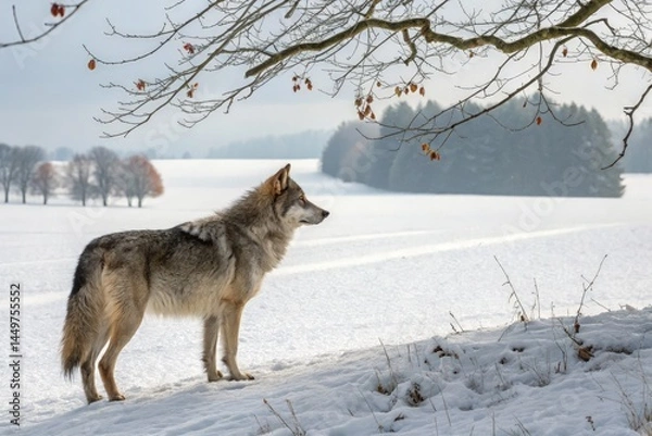 Fototapeta Wolf Observing the Snowy Field in Winter Landscape Generative AI