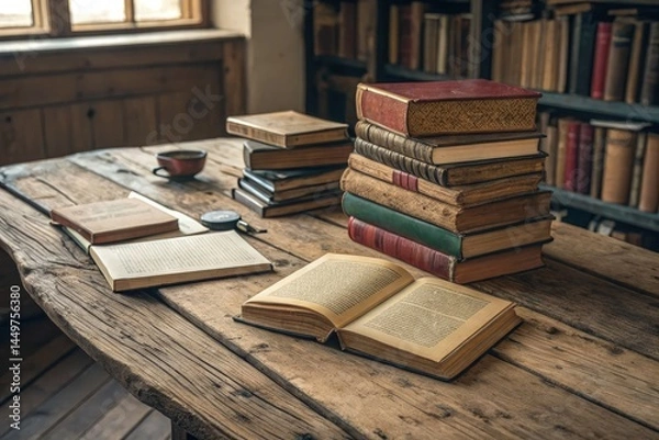 Fototapeta Wooden Table Filled With Diverse Books in Cozy Setting Generative AI