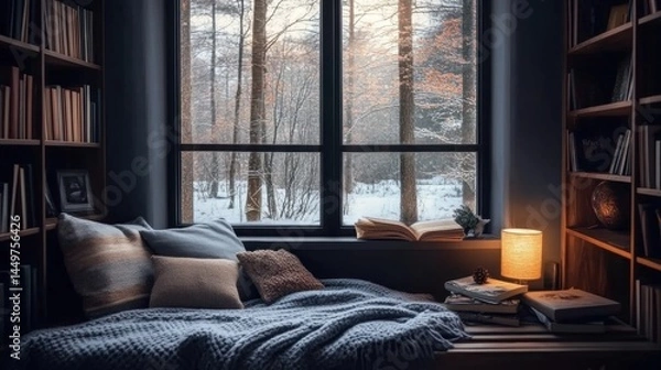 Fototapeta Cozy Room with Large Window, Bookshelves, and Wooden Bench in Dimly Lit Setting