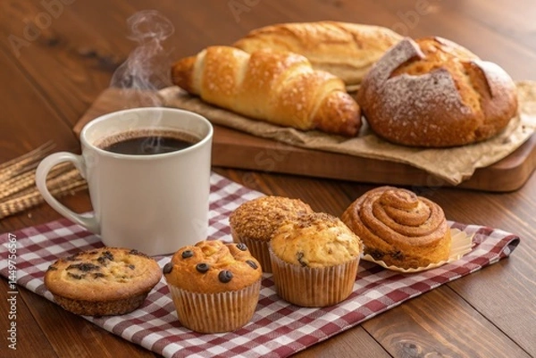 Fototapeta Delicious Pastries and Coffee on a Wooden Table in a Cafe Generative AI