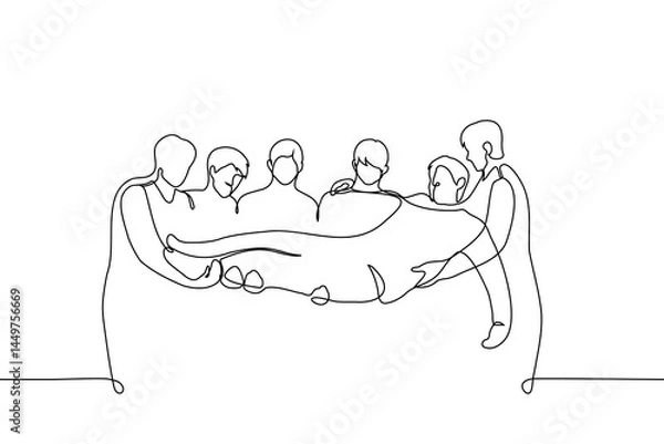Fototapeta group of men standing in a row holding a man - one line art vector. concept cheering someone, sick or injured, carrying in arms