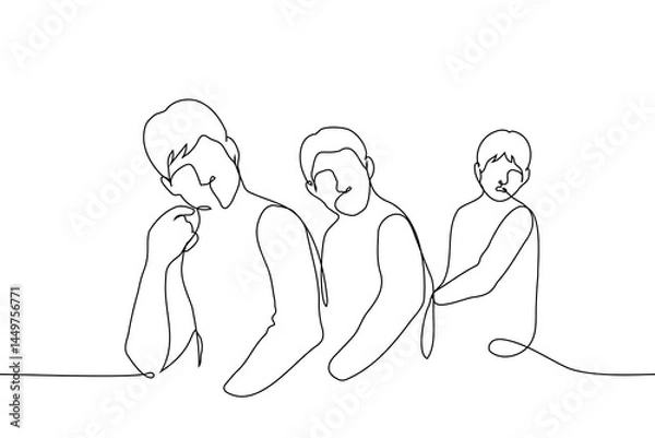 Fototapeta men sitting in a row turned and looking behind their backs - one line art vector. attracting a male audience