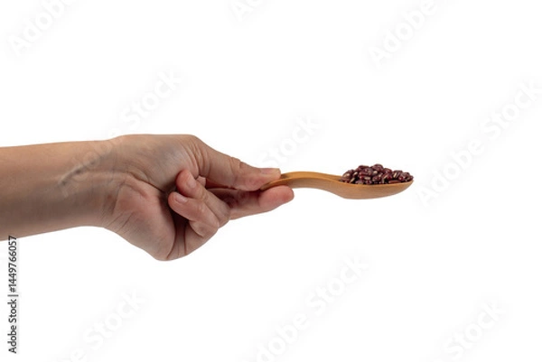 Fototapeta Red beans isolated on spoon wooden in hand on transparent background