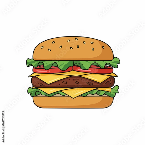 Fototapeta Cartoon-style burger with sesame bun, lettuce, tomato, & cheese on white
