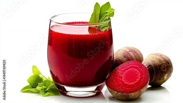 Fototapeta A glass of beetroot juice next to a beets and a leaf of mint