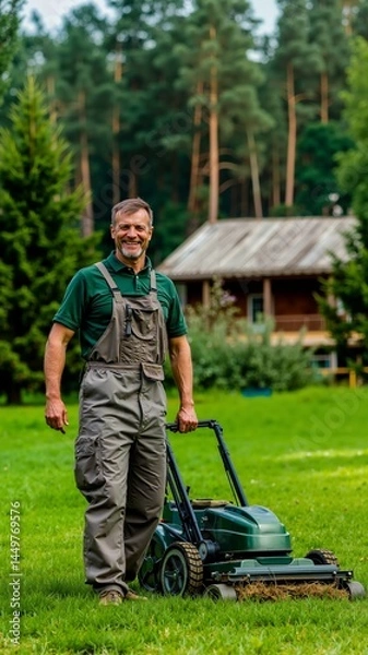 Fototapeta A man mowing the grass with a lawnmower in front of a cabin