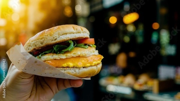 Fototapeta A person holding a hamburger in their hand