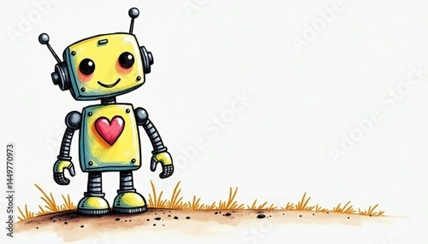 Obraz Friendly AI Robot with Heart standing on grass  