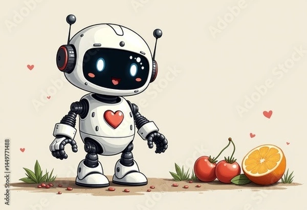 Fototapeta Friendly AI Robot with Heart Surrounded by Fruits  