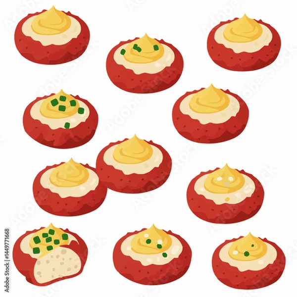 Fototapeta Deviled eggs arranged across a bright white seamless background