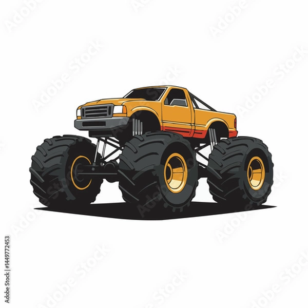 Obraz Cartoon drawing of a big yellow truck with giant tires on a white background