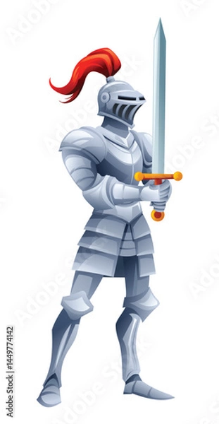 Fototapeta Medieval knight in shining armor holding sword and shield in a confident stance. Vector cartoon character illustration