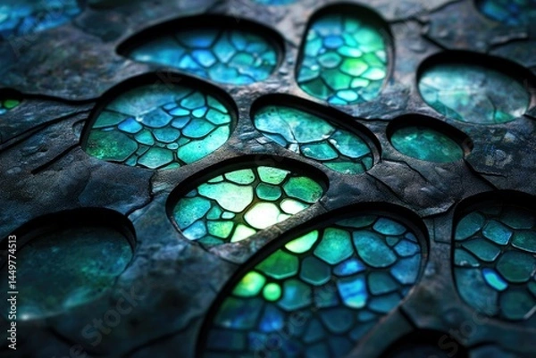 Fototapeta Abstract image of a dark, textured surface with inlaid teal and green mosaic-like patterns.