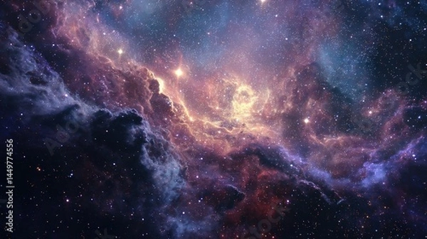 Obraz Cosmic clouds of purple, pink, and gold swirl in a breathtaking nebula, sparkling with distant stars.