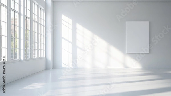 Fototapeta Bright, minimalistic interior space with empty wall and sunlight