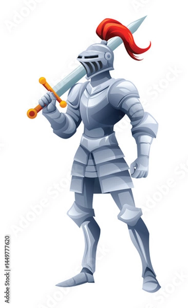 Fototapeta Knight holding a sword, prepared for battle. Vector cartoon character illustration