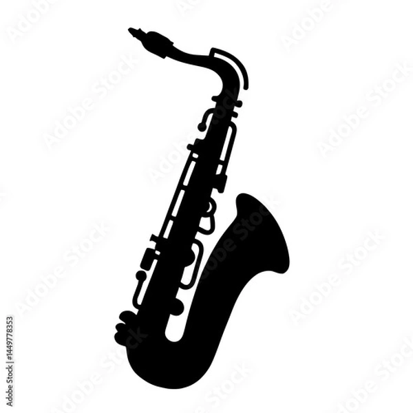 Fototapeta Minimalist black silhouette of a saxophone with flowing curves on white background
