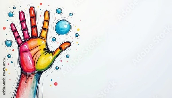 Obraz Colorful Hand Reaching for Soap Bubbles in a Playful Style  