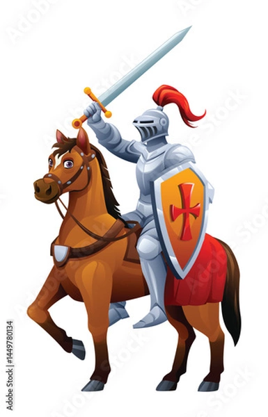 Fototapeta Knight on a horse holding sword with shield. Vector cartoon illustration
