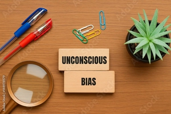 Obraz Unconscious Bias Concept Wooden Blocks Flatlay Image Top View Office Desk Workplace Magnifying Glass Pens Plant Business Psychology Cognitive Science Research Study Analysis Understanding Implicit    