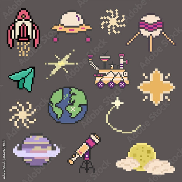 Fototapeta space objects retro set pixel