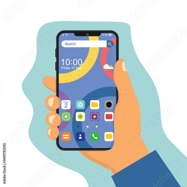 Obraz Hand holding modern cell phone with home screen smartphone interface. Touchscreen device with search bar and forecast. Start screen with app icons, shortcuts. Vector flat cartoon illustration