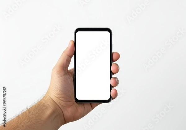 Fototapeta Hand holding a modern smartphone with a blank white screen against a plain studio background, ready for content