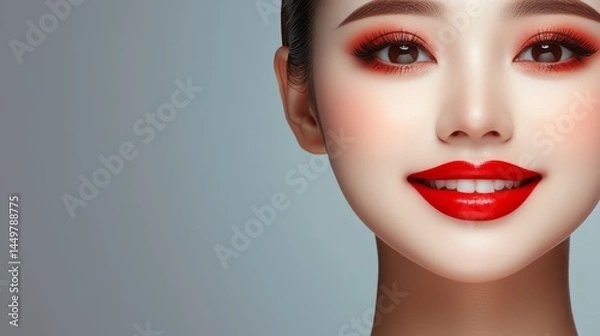 Obraz Dramatic portrait of a woman with bold red lipstick and striking white face makeup
