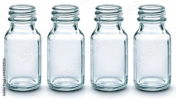 Obraz Illuminated still life,four empty glass bottles on a reflective surface