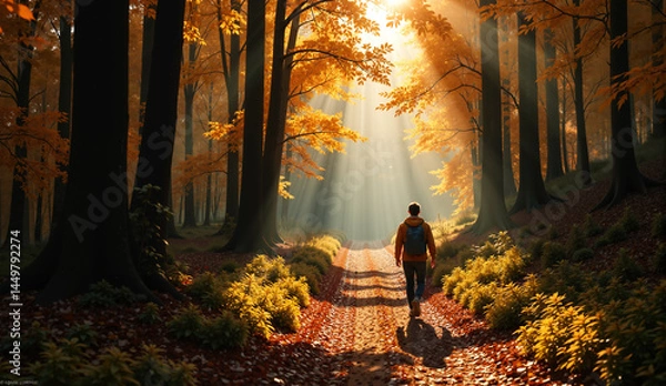 Obraz Morning autumn forest. A man is walking along the path.