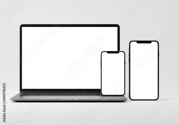 Fototapeta Laptop and two smartphones with blank white screens against a plain background for digital mockup purposes