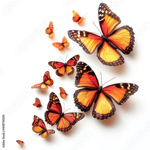Fototapeta Colorful flying butterflies isolated on white background. Beautiful monarch butterflies. Butterflies print art.	