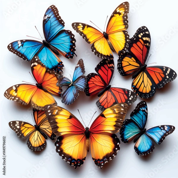 Fototapeta Colorful flying butterflies isolated on white background. Beautiful monarch butterflies. Butterflies print art.	