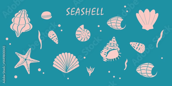Fototapeta Seashell set on blue background. Summertime vacation ocean element pack. Vector illustration