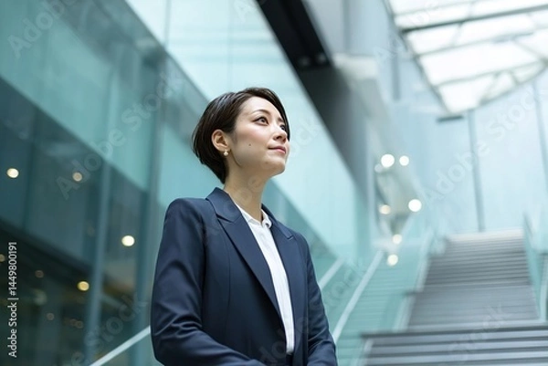 Fototapeta A Japanese woman in her late thirties, wearing business attire, is standing on the second floor of