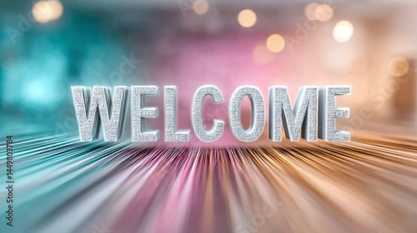 Fototapeta Colorful horizontal blurred light streak background with in the center of the image glowing text with; WELCOME