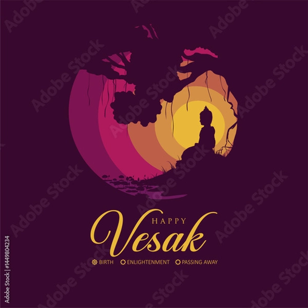 Fototapeta Happy Vesak Day 2025 illustration featuring meditating Buddha silhouette, Bodhi tree, and calm sunset gradients. Abstract Buddhist design for Vesak celebration. Trisuci Waisak 2025 celebration design