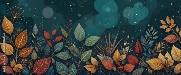 Fototapeta abstract doodle dark blue background, golden and red gradient leaves with flowers seamless pattern, outline art, deep stroke, outline art style,close style, vintage theme, minimalist, seamless, shimme