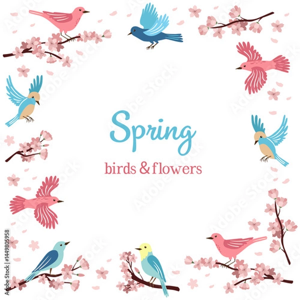 Fototapeta Spring birds and flowering branches.  Frame for invitation, postcard or social media post.