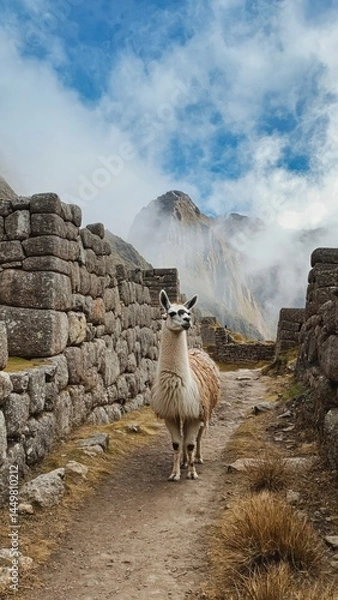 Fototapeta Llama standing on rocky trail in Andean mountains with ancient stone walls near