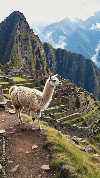 Fototapeta Llama standing on rocky trail in Andean mountains with ancient stone walls near