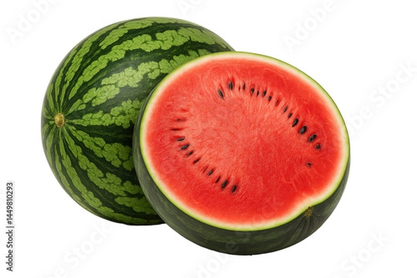 Fototapeta Fresh ripe watermelon with half cut isolated on a transparent background. Cut out the PNG format for graphic design.