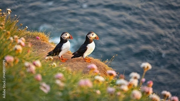Fototapeta Pair of puffins standing on cliff covered in wildflowers Coastal cliffside, vi