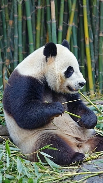Fototapeta Panda sitting in bamboo forest munching leaves with relaxed posture Calm energ