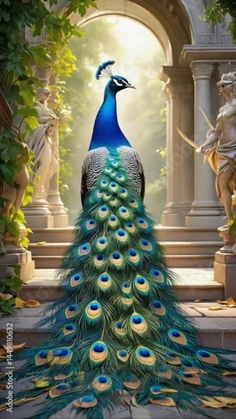Fototapeta Peacock spreading tail feathers under bright garden sun Color explosion, proud